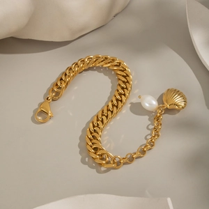 Bracelet chaîne en acier inoxydable doré 18K avec perle d'eau douce et pendentif coquillage