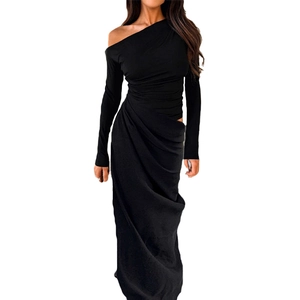 Detail view of the elegant ruching and gathered texture on this black one-shoulder dress