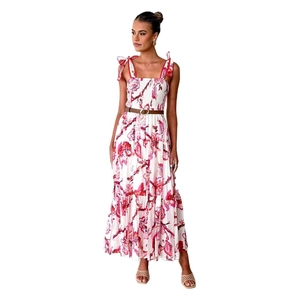 Floral print maxi dress with spaghetti straps and smocked waist on white background