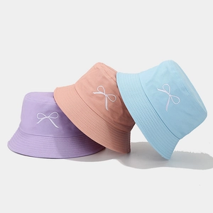 Bucket Hat Cotton Bow Embroidery Wide Brim Sun Protection Casual Sweet Outdoor Fashion For Women