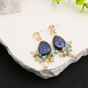 Vintage bohemian earrings with natural pearls, lapis lazuli and colorful crystal beads