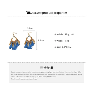 Detail view of bohemian leaf tassel earrings with alloy material and size dimensions