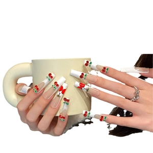 Μακριά τετράγωνα τεχνητά νύχια με λευκά French tips και σχέδια κόκκινο κεράσι