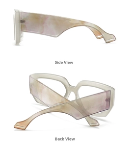 Detail view of cat eye computer glasses with pink marble textured temples and metal accents