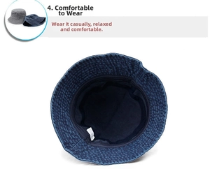 Detailed interior of a blue washed denim bucket hat with quality stitching and inner label