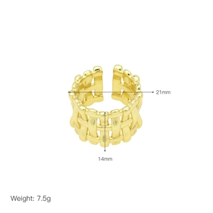 Detail shot showing 21mm diameter and 14mm width of 18k gold plated braided open ring
