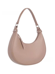 Close-up of pink crescent hobo bag featuring silver hardware and decorative tassels