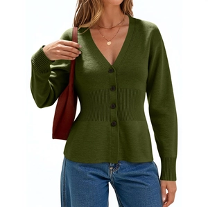 Knit Cardigan Sweater Women V Neck Single Breasted Long Sleeve Ribbed Slimming Waist Elegant Solid Color Top