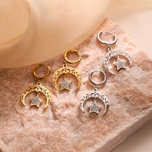 Titanium Steel Sun Moon Star Drop Earrings With Rhinestones Gold Plated Retro Hollow Crescent Design Trendy Jewelry