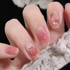 Nude Pink Blush Farbverlauf Künstliche Nägel Kurz Quadratisch Mit 3D Pfirsich Blume Strass Design Für Damen