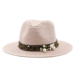 Cappello Panama in paglia rosa con fascia leopardata e decorazioni di perle da donna