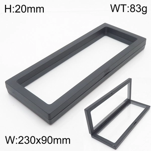 Detailed view of black 230x90mm PE film floating jewelry display box with dimensions