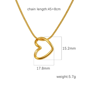 Irregular golden heart pendant necklace with snake chain and detailed product dimensions