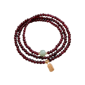 Multilayer garnet bead bracelet with Hetian jade stone and golden Fu charm pendant