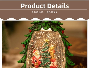 Close-up of a Christmas tree snow globe with Santa Claus, reindeer, and golden glitter