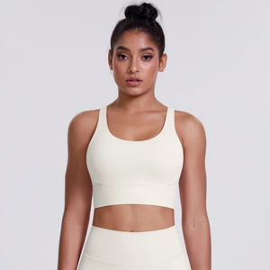 Detailed front view of high-waist cream yoga set with wide underband sports bra