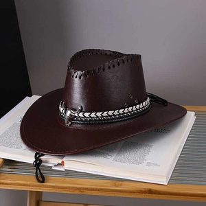Brown faux leather cowboy hat with metal bull head emblem and adjustable wind string
