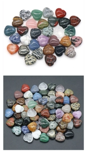 Variety of 20mm heart-shaped natural crystal stones in multiple colors and textures