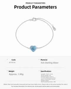 Detail specifications of S925 sterling silver heart bracelet with blue zircon and 18K plating