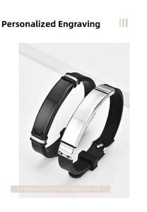 Detail of adjustable silicone bracelets with polished stainless steel plates for engraving