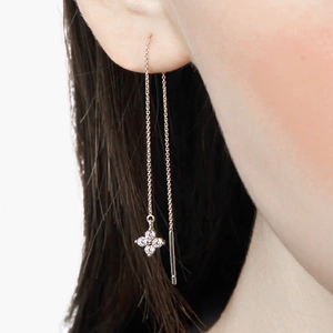 Close-up of S925 sterling silver four-leaf clover drop earrings with clear zircon stones