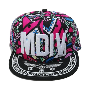 Detail of MDIV 3D embroidery on a colorful graffiti snapback hat with street style prints