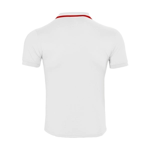 Rear view of white quick-dry polo shirt featuring red stripe accents on the ribbed collar