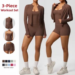 Women Yoga Outfits Nylon Spandex Breathable High Waist Shorts Sports Vest Stand Collar Zipper Jacket Fitness Gym Clothes