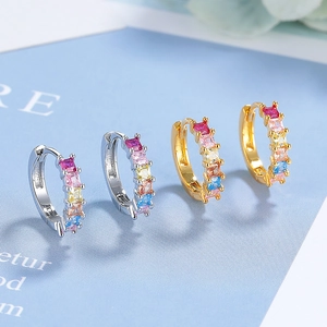 Golden and silver hoop earrings with square rainbow cubic zirconia stones