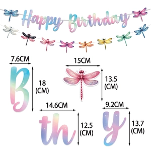 Dragonfly themed Happy Birthday banner set with colorful gradient glitter decorations