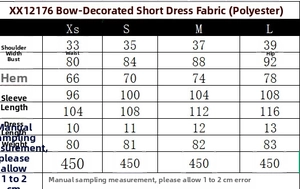 Detailed size chart for French style polka dot mini dress with bow tie detail