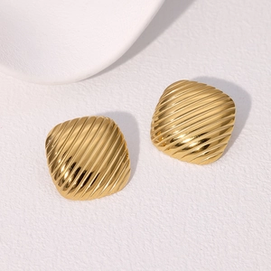 Minimalist square geometric gold earrings with elegant textured diagonal pattern