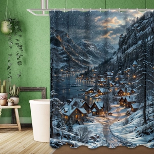 Détail du rideau de douche scène de neige de Noël avec œillets métalliques en salle de bain