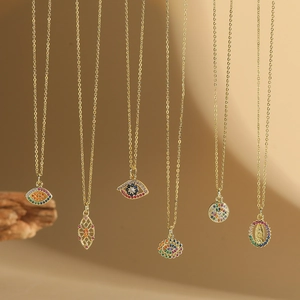 Evil Eye Virgin Mary Pendant Necklace Copper Colorful Zircon Gold Plated Bohemian Jewelry For Women