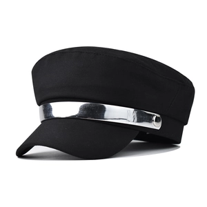 Newsboy Cap For Women Cotton Flat Top Military Hat With Silver Metal Bar Letter M Decor Retro British Style