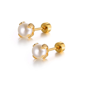 Minimalist gold stainless steel screw-back pearl earrings for women in professional display