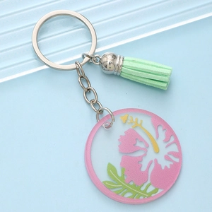 Green tassel acrylic keychain with pink hibiscus flower pattern and silver ring