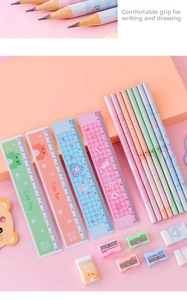 Detail of cute bear cartoon stationery set with rulers, pencils, and erasers in macaron colors