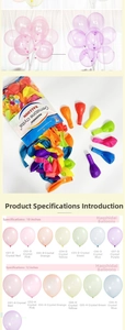 Detailed size chart for 10 and 12 inch transparent colorful crystal latex party balloons