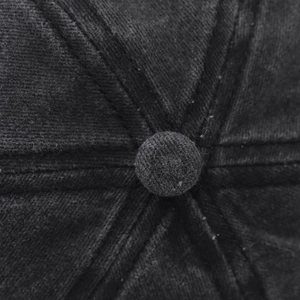 Top view of cotton baseball cap showing detailed six-panel stitching and fabric button