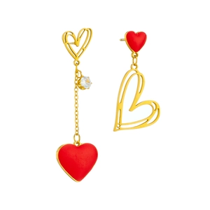 Asymmetric red heart drop earrings with gold tassels and cubic zirconia in titanium steel
