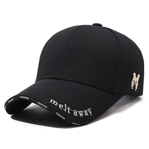 Black baseball cap with letter M embroidery and melt away text on the brim