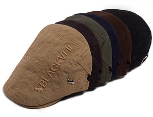 Detail view of multi-color cotton flat caps with 3D embroidery and rabbit metal logo
