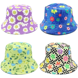 Women Colorful Floral Print Cotton Bucket Hat Checkerboard Sun Hat For Outdoor Vacation Breathable Fisherman Cap Accessory