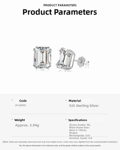 Macro detail of 925 sterling silver studs with 4.0ct Asscher cut emerald shape cubic zirconia