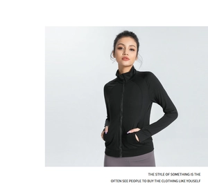 Detailed view of women's black slim-fit yoga jacket with zipper and stand collar