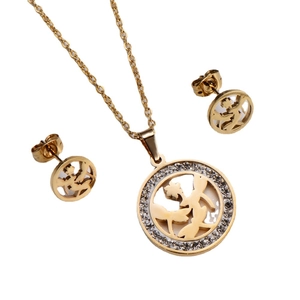 Gold titanium necklace and earring set with crystal dragonfly fairy pendant for women
