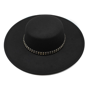 Elegant black flat top wool fedora hat with punk style metal pyramid rivet decoration