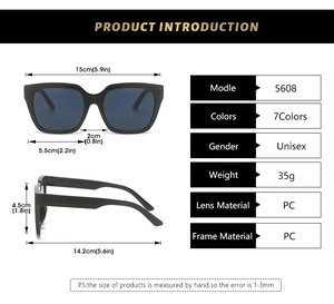 Detailed size specifications and dimensions guide for square candy colored sunglasses