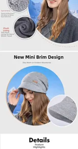 Close-up of the dense knit texture and soft plush lining of the grey winter beanie hat
